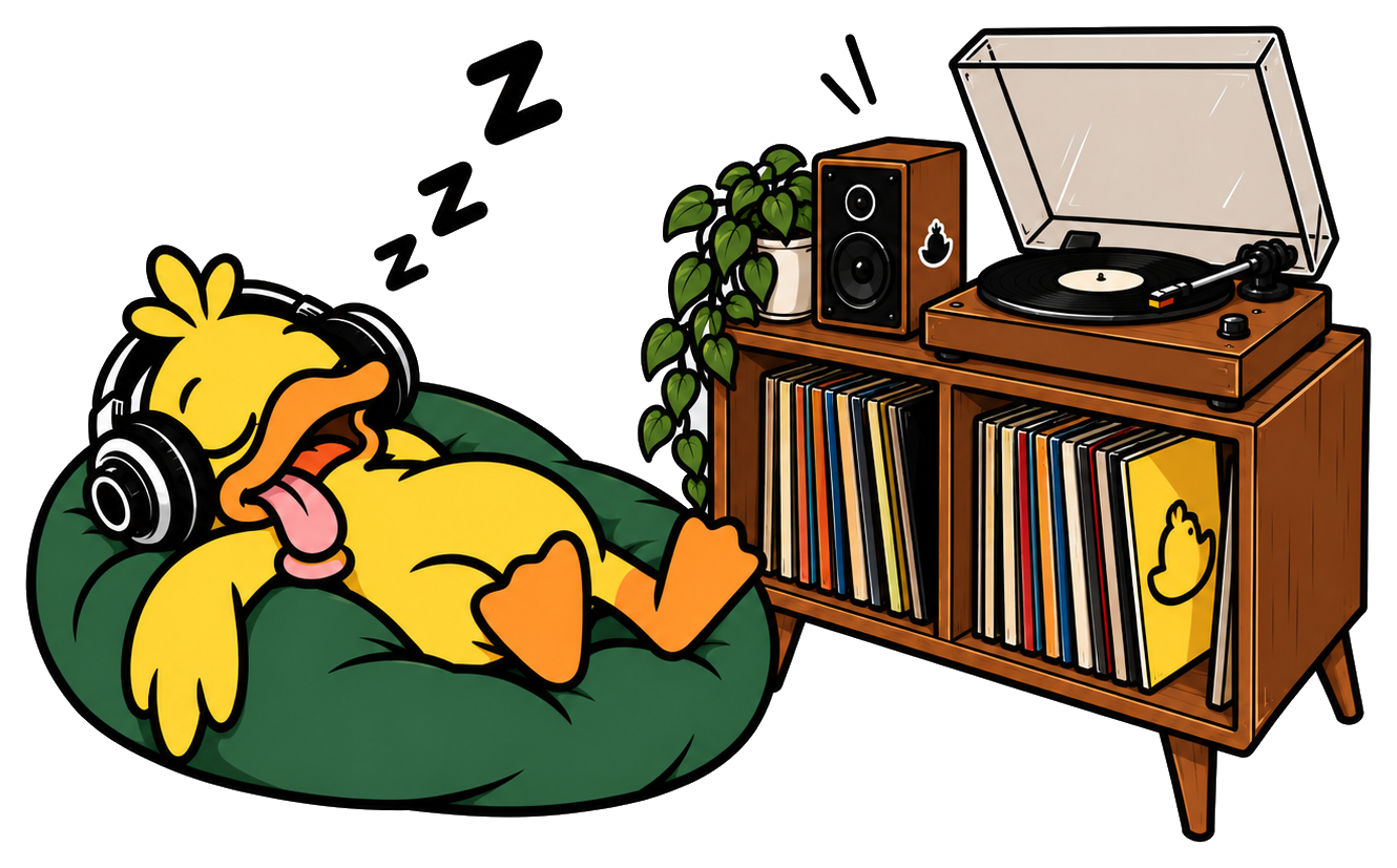 GrooveDuck sleeping loudly in a cozy music corner
