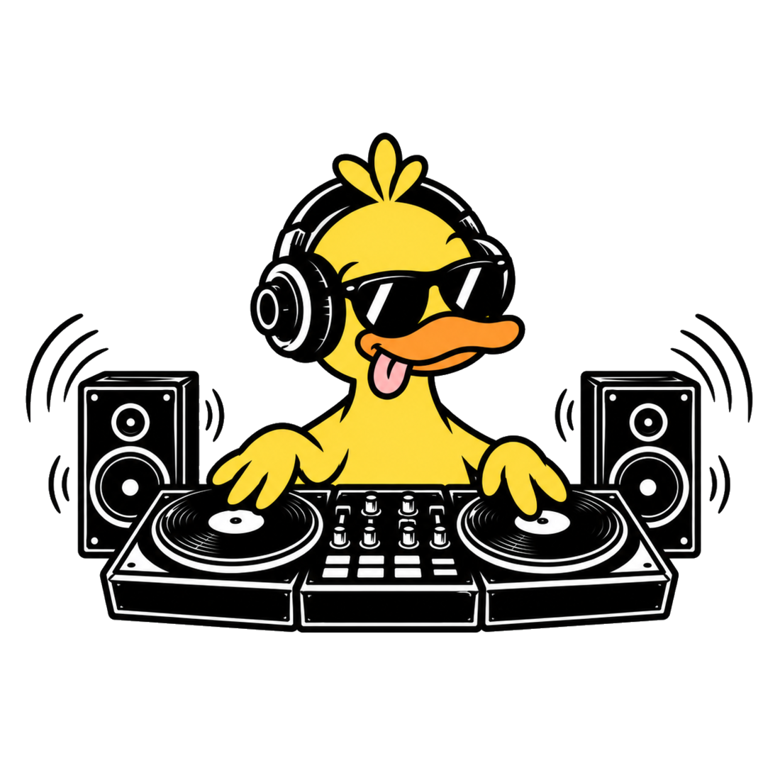 GrooveDuck DJ with decks and speakers
